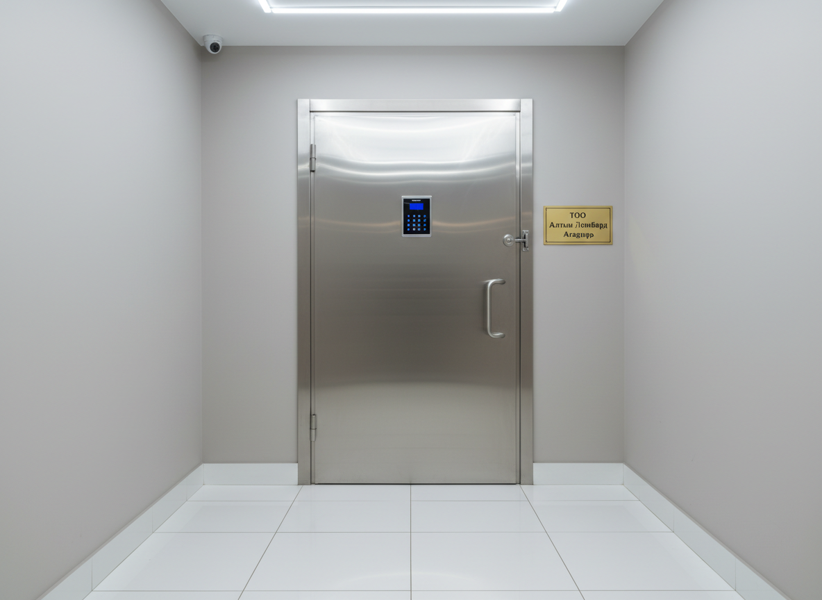 A polished metal security door with an integrated digital keypad and heavy-duty lock leading to a jewelry storage vault, situated at the back of a discreet, high-end pawn boutique. The door’s brushed steel surface reflects subtle hints of the interior lighting, and a small, refined plaque with the company name "ТОО Алтын Ломбард Агадырь" is mounted neatly beside the keypad. The corridor features clean, neutral-colored walls and a flawlessly maintained tiled floor. Cool, controlled overhead LED lighting creates a professional atmosphere with crisp, minimal shadows. Photographed straight-on in sharp photographic realism, the composition is centered and symmetrical, emphasizing safety, reliability, and the strict security standards of a professional jewelry and watch pawn institution.