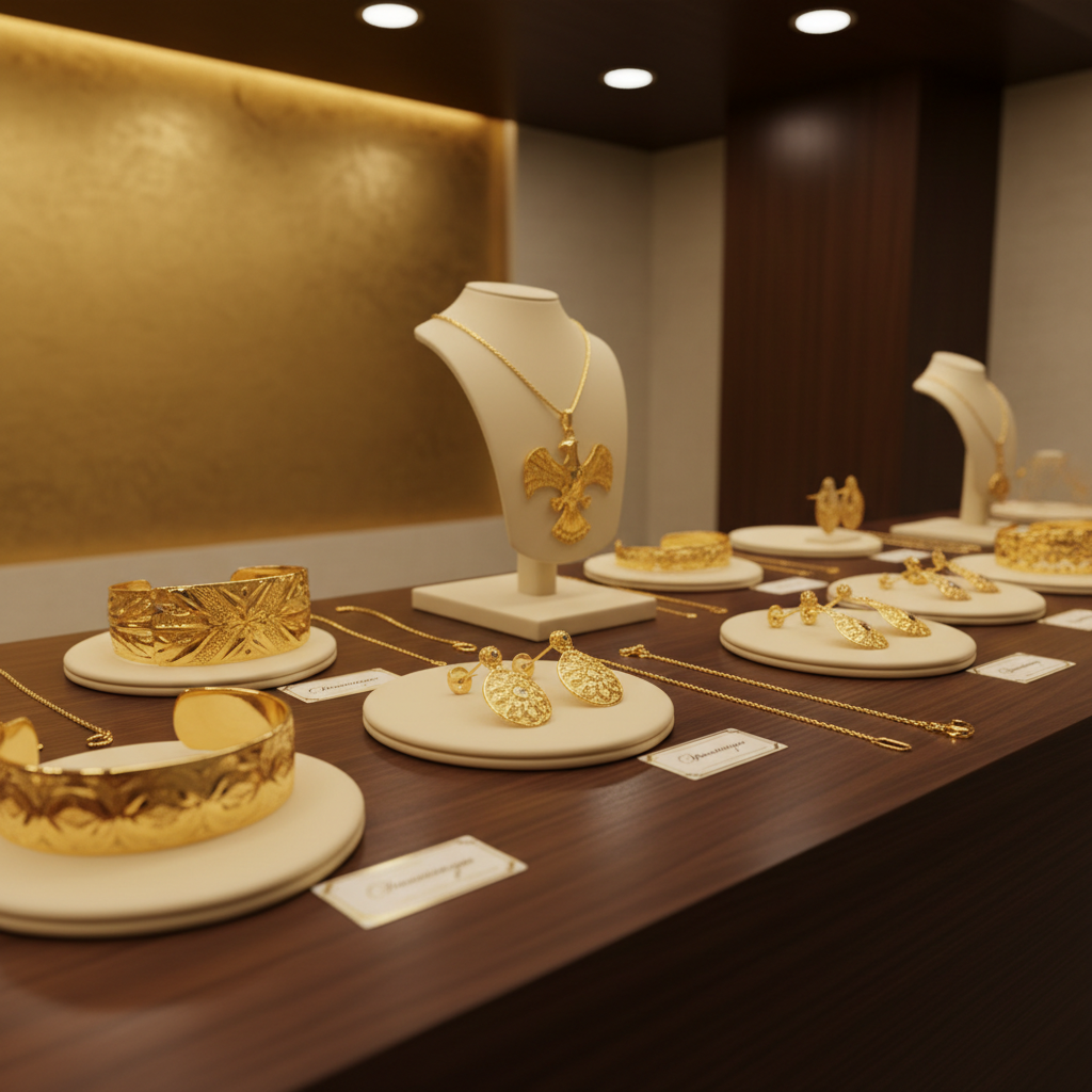 A neatly organized presentation of various gold jewelry types on a dark wooden counter inside a Kazakhstani elite pawn boutique, including heavy traditional gold bracelets, delicate modern chains, ornate earrings, and a pendant shaped like a national symbol. Each item rests on individual cream-colored leather pads, labeled with small, elegant tags that are softly out of focus. Warm ambient lighting from recessed ceiling fixtures and a subtle golden accent wall in the background create a welcoming, upscale atmosphere. Shot at a three-quarter angle in photographic realism with a shallow depth of field, the focus is on the rich yellow tones and fine engravings of the gold. The mood is refined yet accessible, reflecting a professional establishment that understands both cultural value and financial needs.