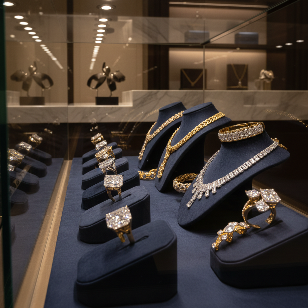 A glass display case filled with elite gold and diamond jewelry, including intricately detailed rings, necklaces, and bracelets, each piece resting on dark velvet stands that emphasize their brilliance. The scene is set inside a modern, impeccably clean pawn jewelry boutique, with polished stone counters and neatly arranged shelves in the softly blurred background. Warm, focused spotlights from above create sharp, sparkling highlights on the gemstones and rich reflections on polished gold surfaces, casting gentle shadows on the velvet. Photographed at eye level with a slight angle along the length of the case, in sharp photographic realism, the composition feels professional and trustworthy, evoking a sense of security, prestige, and discreet luxury suitable for a high-end jewelry pawn shop.